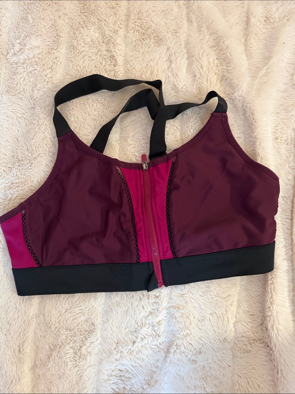Fabletics Front-Zip Women's Sports Bra in Burgundy and Magenta